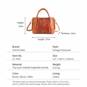 Vintage genuine leather tote bag with carved floral pattern, top layer cowhide handbag for women