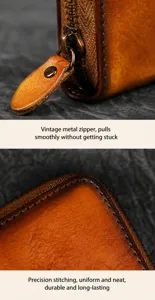 Detailed close-up view of genuine leather wallet zipper and fine stitching, retro style.