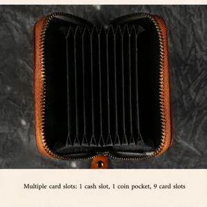 Genuine leather mini card holder zipper wallet with multiple accordion slots for daily use.