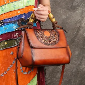 Vintage embossed genuine leather women handbag retro shoulder crossbody bag large capacity.