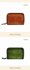 Vintage genuine leather zipper card holder and mini coin purse with multiple card slots.