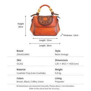 Vintage genuine leather handbag for women with bamboo handle and embossed totem design.