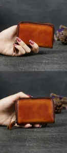 Genuine leather mini zipper card holder, top layer cowhide retro coin purse with multi slots.