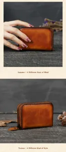 Genuine leather zipper card holder, vintage soft mini wallet with multiple card slots for daily use.
