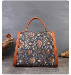 Vintage floral jacquard top handle handbag with genuine leather trim for women elegant commute