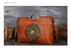 Close-up detail of vintage genuine leather women handbag with embossed mandala pattern.
