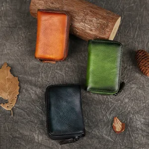 Genuine Cowhide Leather Zipper Card Holder Mini Wallet Vintage Solid Color Multi-Slot Card Case For Unisex Daily Use