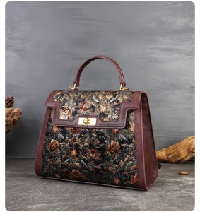 Vintage floral embroidered genuine leather handbag retro style elegant commuter shoulder bag