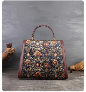 Vintage floral embroidery genuine leather handbag, elegant commuting women top handle bag.