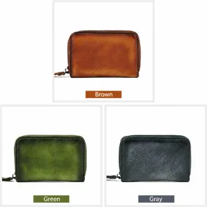 Genuine leather zipper small card holder retro soft mini wallet with multi card slots.