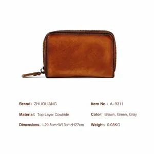 Genuine leather zipper card holder mini wallet retro solid color compact coin purse