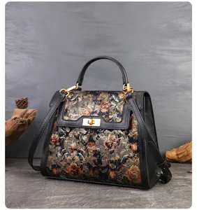 Vintage floral embroidered leather patch top handle shoulder cross body Kelly bag
