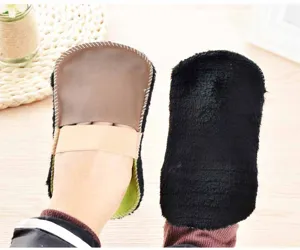 Portable faux wool shoe polishing mitt detail view with elastic band and plush texture.
