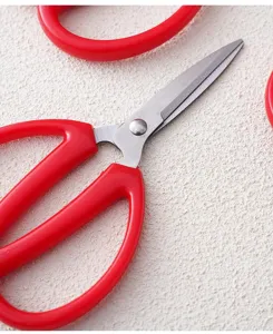 Stainless steel scissors detail shot, red handle household and office cutting tool.