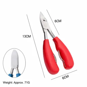 Detailed view of red stainless steel nail nipper and paronychia clipper with cover.