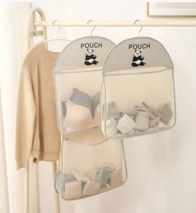 Hanging mesh storage bag for wardrobe, breathable multi-layer organizer for underwear and socks.