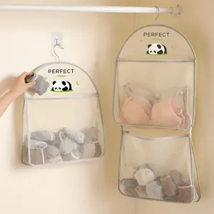 Breathable hanging mesh storage bag for wardrobe organization, multi-layer pocket design.