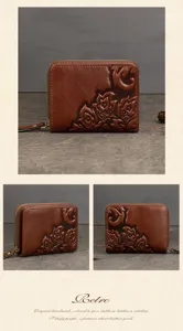 Monedero de cuero vintage con relieve para mujer, cartera retro con cremallera y flores.