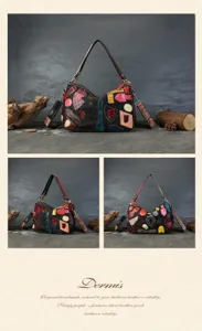 Vintage patchwork leather shoulder bag with unique multi-color design, stylish women handbag.