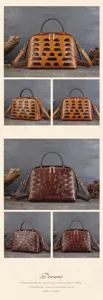 Vintage vegetable-tanned leather top-handle shoulder bag with woven geometric pattern detail.