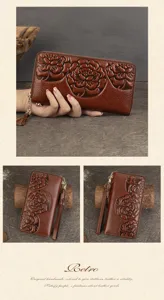 Vintage embossed genuine leather long wallet for women, elegant floral clutch with tassel.