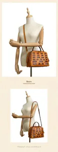 Detailed view of retro vegetable-tanned leather handbag showing geometric cutout design details.