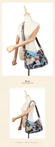Retro patchwork cowhide leather shoulder bag, stylish color block design for women.
