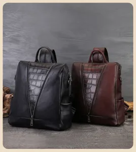 Detail view of women's leather backpack showing dual color options and crocodile texture.