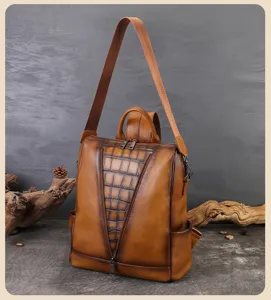 Detailed view of the vintage gradient leather women backpack with unique croc embossed V zipper.