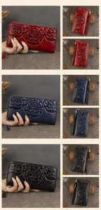 Women genuine leather embossed floral long wallet clutch wristlet handbag black red blue