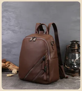 Vue détaillée du sac à dos en cuir marron avec fermetures éclair et texture fine.