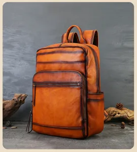 Vintage genuine leather backpack, handmade brush color top-layer cowhide travel daypack.