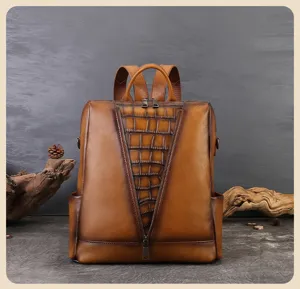 Vintage leather women backpack with crocodile embossed design, large capacity casual daily travel bag.