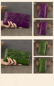 Women's genuine leather long wallet vintage embossed floral clutch purse with wrist strap tassel.