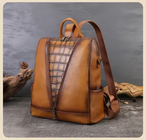 Vintage leather backpack for women, large capacity casual daypack with crocodile pattern.