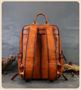 Vintage genuine leather backpack for men women retro casual travel school daypack