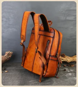Retro leather backpack detail, manual rub-off cowhide texture, vintage brown travel bag view.