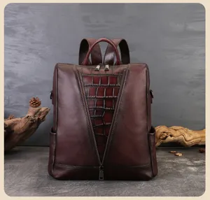 Casual women's leather backpack with crocodile embossed design large capacity daily use