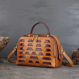 Vintage Genuine Leather Top Handle Bag For Women Retro Woven Large Capacity Tote Crossbody Bag