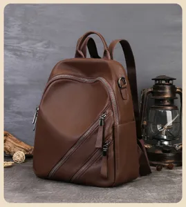 Sac à dos en cuir véritable pour femme, élégant sac de voyage marron et sac d'épaule travail.