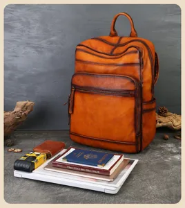 Vintage genuine leather backpack for men and women, handmade distressed casual travel bag.
