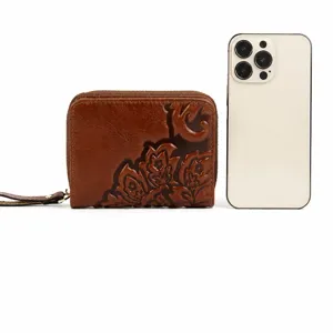 Monedero vintage de cuero genuino para mujer cartera pequeña con tarjetero y correa de mano