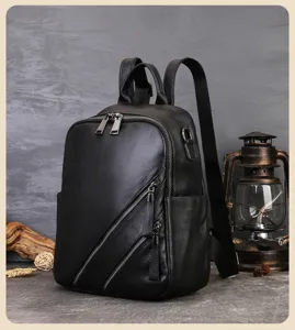 Sac à dos pour femme en cuir véritable noir, sac de voyage élégant et sac bandoulière quotidien.