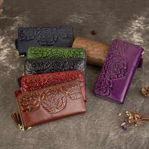 Vintage Genuine Leather Women's Wallet Embossed Floral Long Zip Purse Multi-Function Handbag Daily Clutch