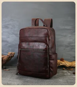 Vintage genuine leather backpack, retro casual travel daypack with multiple handy compartments.