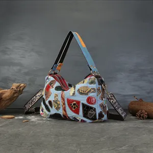 Vintage Retro Patchwork Cowhide Leather Denim Shoulder Bag Women Casual Multicolour Boston Pillow Bag Fashion Crossbody Bag