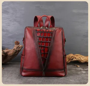 Detailed view of women's vintage leather backpack with unique front zipper and crocodile texture.