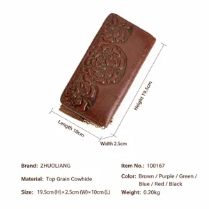 Women genuine leather vintage embossed clutch purse long wallet with multiple card slots and zipper.