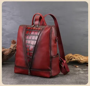 Vintage leather backpack for women, large capacity retro casual travel bookbag daily use