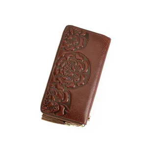 Vintage embossed genuine leather women long wallet clutch purse with metal zipper tassel decor
